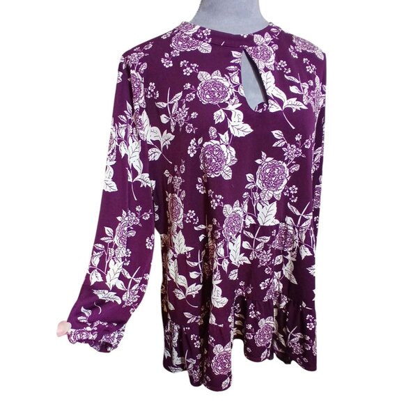 Cato Womens XL Floral Print Tunic Hi-Low Ruffle Hem Stretch Boho Cut-Out Blouse - Picture 2 of 7